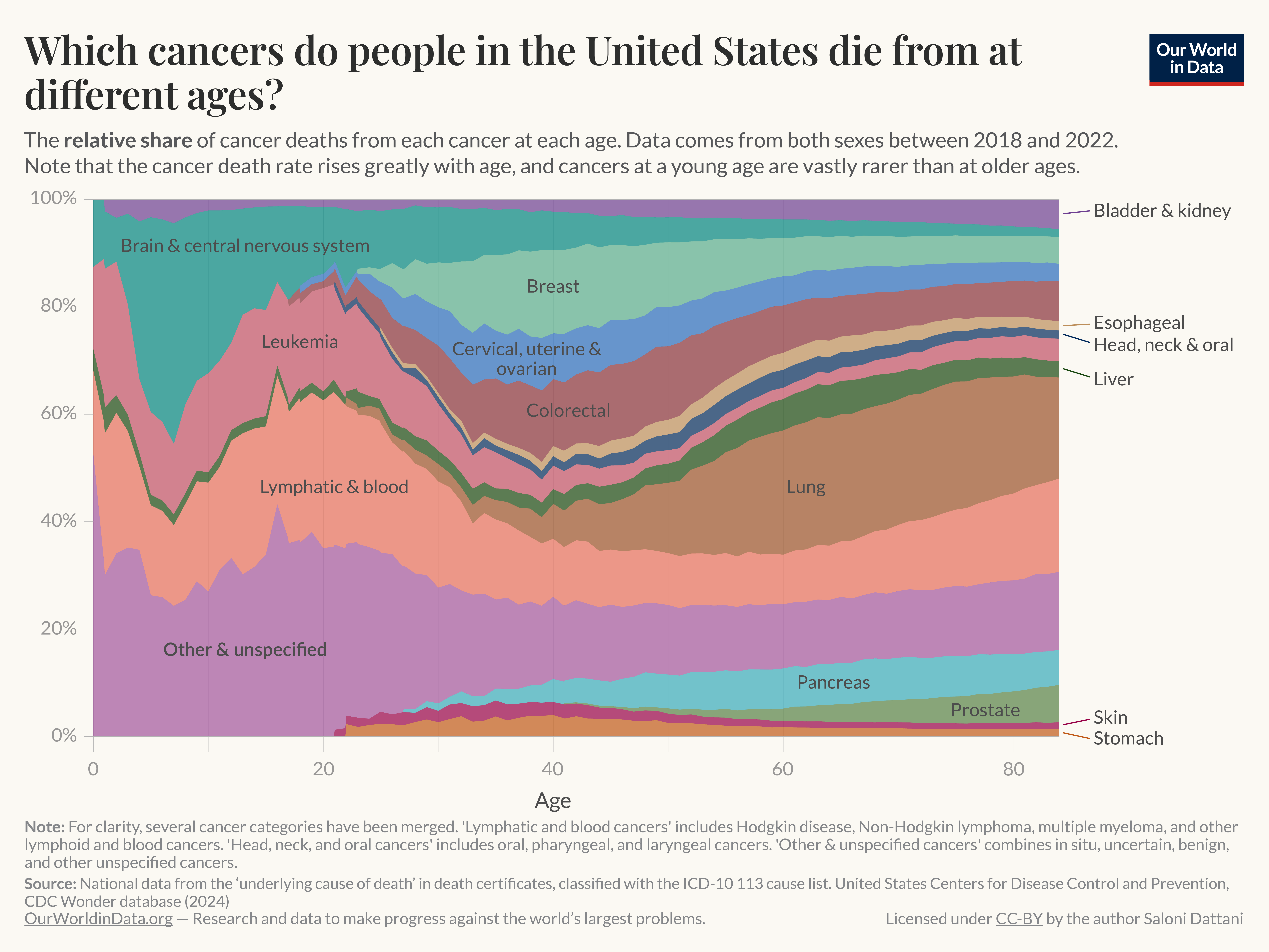 This chart, titled "Which cancers do people in the United States die from at different ages?", illustrates the relative share of cancer deaths from various types of cancer at each single-age group, between 2018 and 2022, for both sexes. It uses data from death certificates classified by ICD-10 codes, with the percentage of deaths on the y-axis and age on the x-axis.
Key overall trends:
In younger ages, brain and central nervous system cancers, leukemia, and lymphatic/blood cancers account for a larger proportion of cancer deaths.
As age increases, the proportion of lung cancer deaths rises dramatically, becoming the dominant cause by age 60 and above.
Breast cancer and colorectal cancer represent a notable share of cancer deaths in middle-aged individuals.
This chart is authored by Saloni Dattani and published on "Our World in Data," with data sourced from the United States Centers for Disease Control and Prevention (CDC), Wonder database (2024). The chart is licensed under CC-BY.
