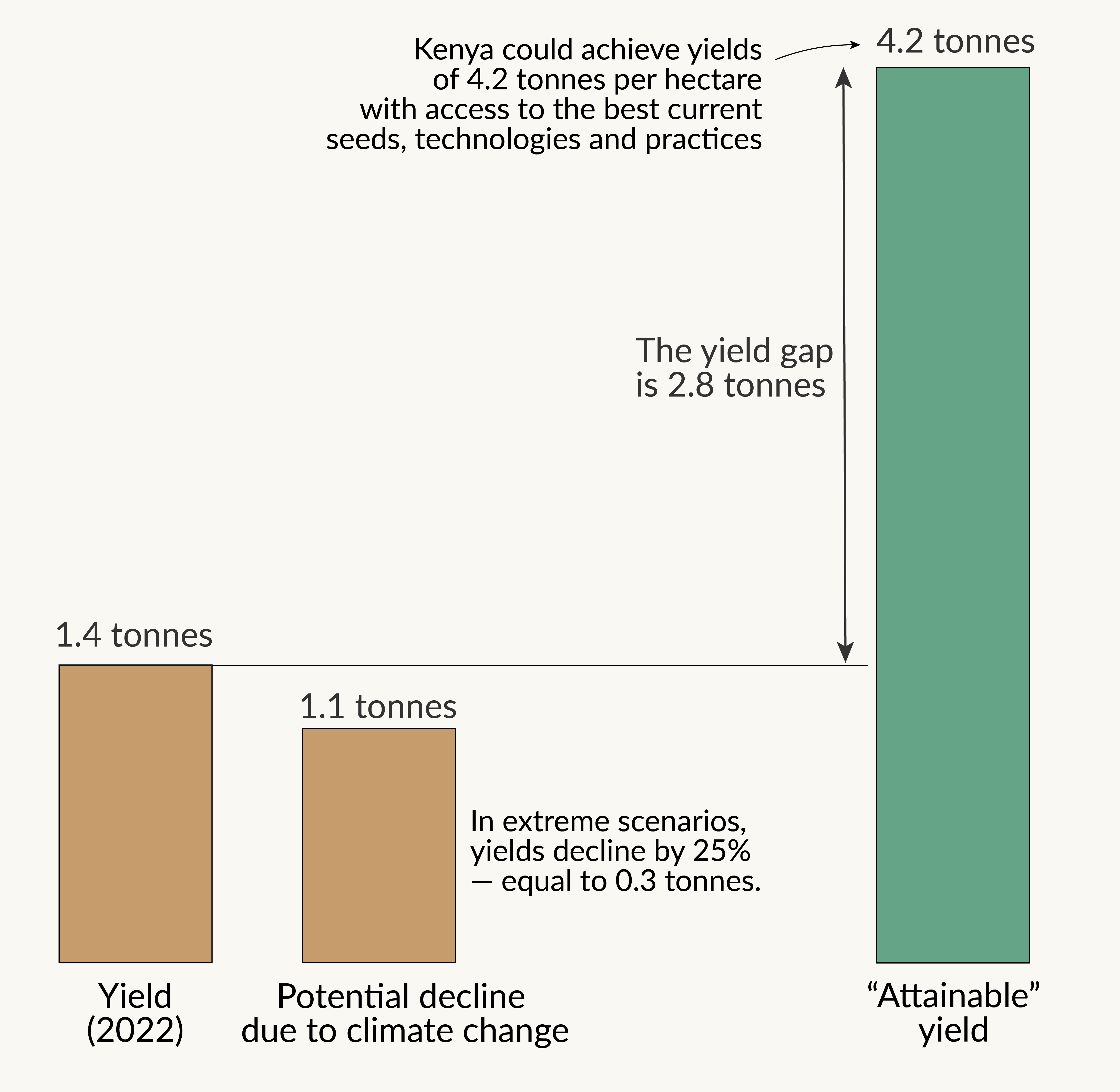 Bar chart showing current maize yield in Kenya; what they could be with best practices and technologies, and what the impact of climate change on yields could be in the future.
The current yield gap (2.8 tonnes) is far larger than the potential decline due to climate change (0.3 tonnes).